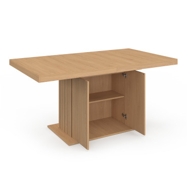 Table à manger extensible Faustine bois et pied lattes avec rangement intégré 160-200cm