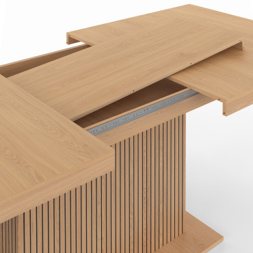 Table à manger extensible Faustine bois et pied lattes avec rangement intégré 160-200cm