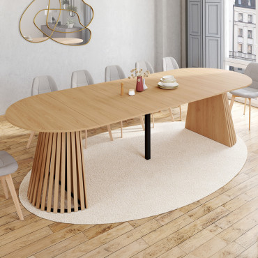 Table à manger ronde extensible Camélia bois et pied lattes Ø110-300cm