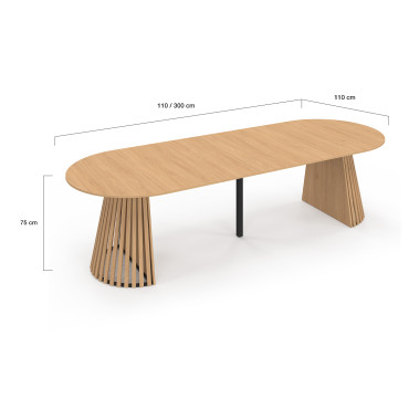 Table à manger ronde extensible Camélia bois et pied lattes Ø110-300cm