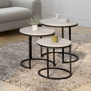 Tables basses gigognes Memphis effet marbre blanc et pieds noirs - lot de 3
