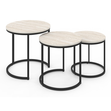 Tables basses gigognes Memphis effet marbre blanc et pieds noirs - lot de 3