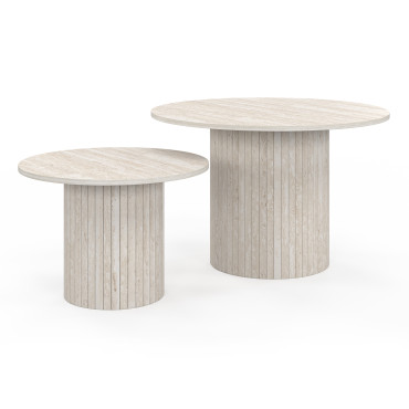 Tables basses rondes gigognes Alvar effet travertin et pieds lattes - lot de 2