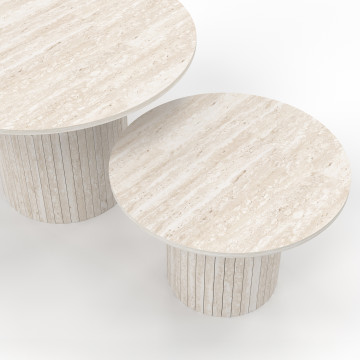 Tables basses rondes gigognes Alvar effet travertin et pieds lattes - lot de 2