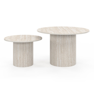 Tables basses rondes gigognes Alvar effet travertin et pieds lattes - lot de 2