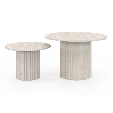 Tables basses rondes gigognes Alvar effet travertin et pieds lattes - lot de 2