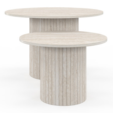 Tables basses rondes gigognes Alvar effet travertin et pieds lattes - lot de 2