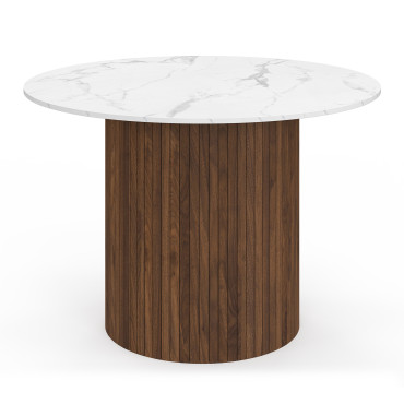 Table à manger ronde Alvar effet marbre blanc et bois noyer Ø110cm