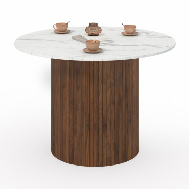 Table à manger ronde Alvar effet marbre blanc et bois noyer Ø110cm