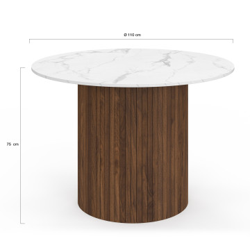 Table à manger ronde Alvar effet marbre blanc et bois noyer Ø110cm