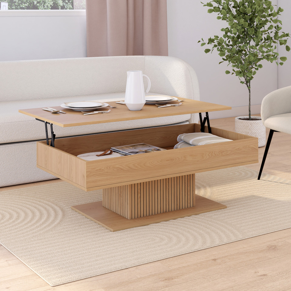 Table basse Tania avec plateau relevable bois et pieds lattes L110cm Table basse Tania avec plateau relevable bois et pieds lattes L110cm