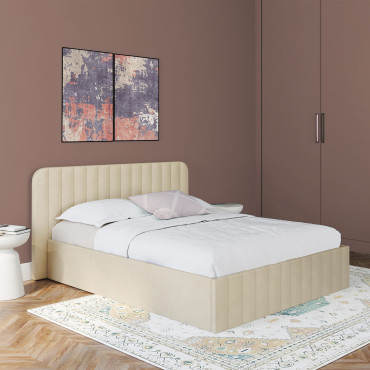 Lit coffre Valentina en velours beige avec sommier et tête de lit 140x190cm