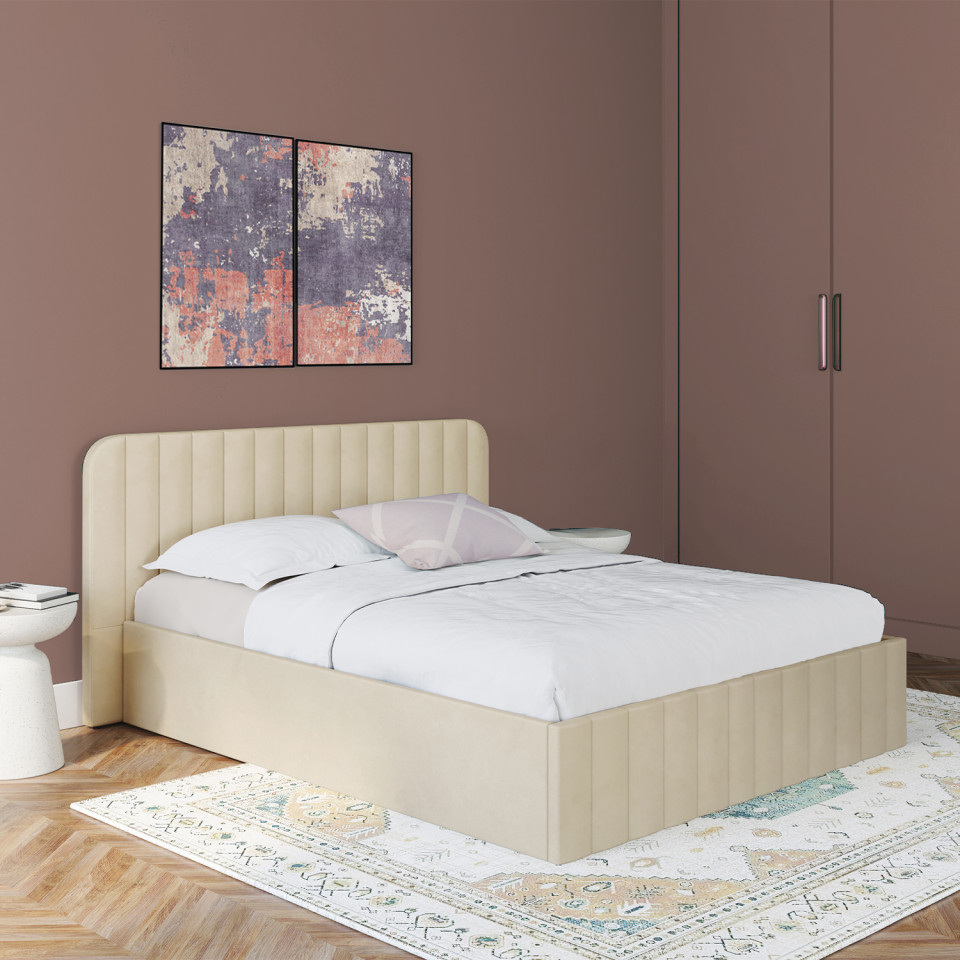 Lit coffre Valentina en velours beige avec sommier et tête de lit 140x190cm