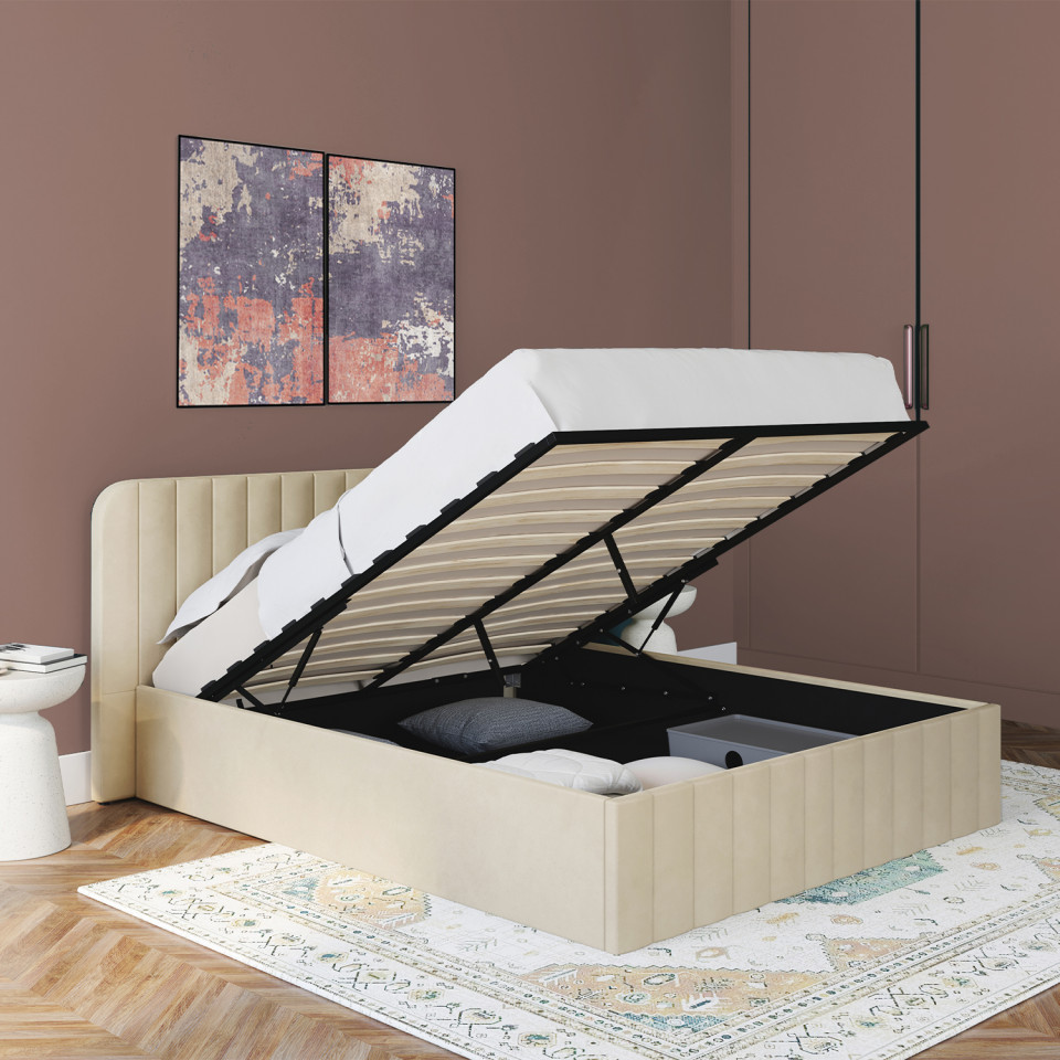 Lit coffre Valentina en velours beige avec sommier et tête de lit 140x190cm