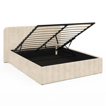 Lit coffre Valentina en velours beige avec sommier et tête de lit 140x190cm