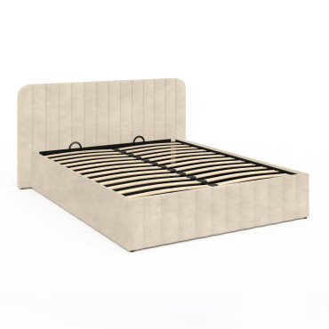 Lit coffre Valentina en velours beige avec sommier et tête de lit 140x190cm