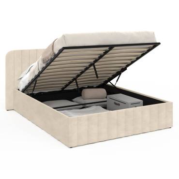 Lit coffre Valentina en velours beige avec sommier et tête de lit 140x190cm