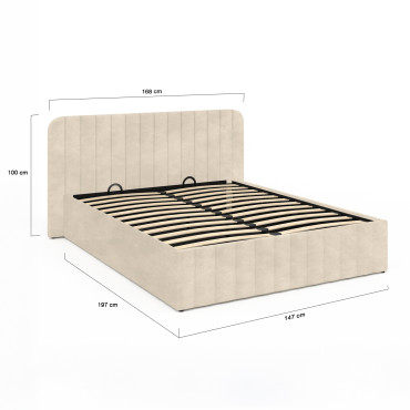 Lit coffre Valentina en velours beige avec sommier et tête de lit 140x190cm