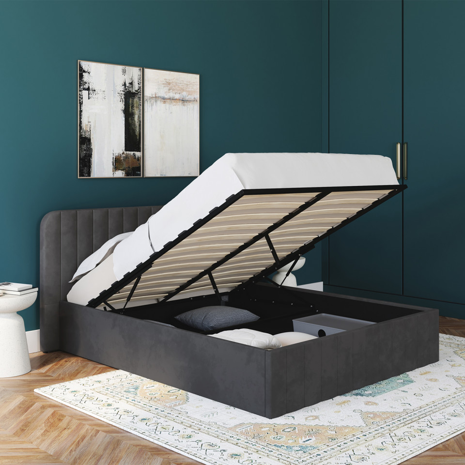 Lit coffre Valentina en velours gris avec sommier et tête de lit 160x200cm