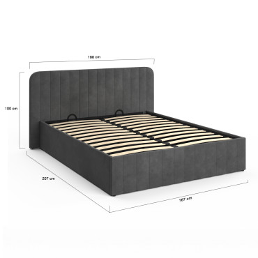 Lit coffre Valentina en velours gris avec sommier et tête de lit 160x200cm