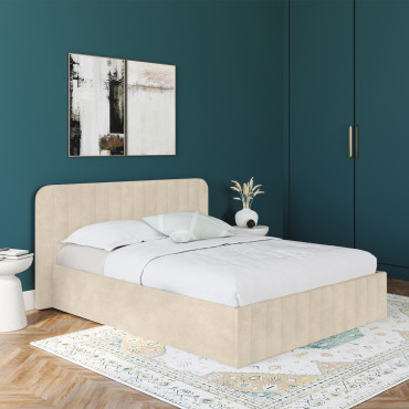 Lit coffre Valentina en velours beige avec sommier et tête de lit 160x200cm