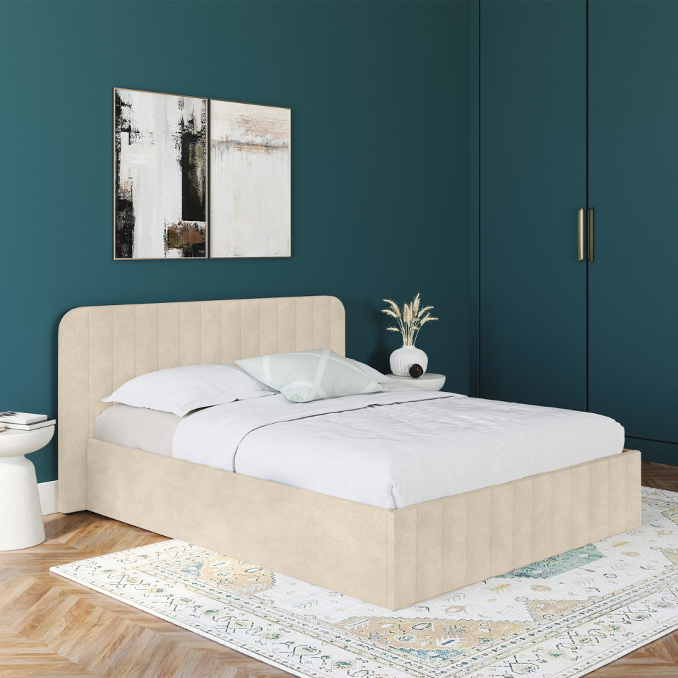 Lit coffre Valentina en velours beige avec sommier et tête de lit 160x200cm