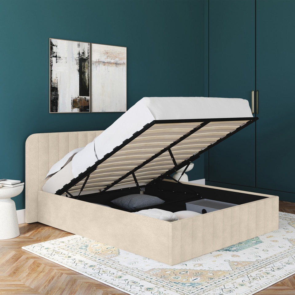 Lit coffre Valentina en velours beige avec sommier et tête de lit 160x200cm