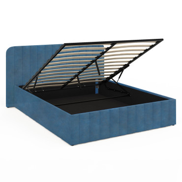 Lit coffre Valentina en velours bleu avec sommier et tête de lit 140x190cm