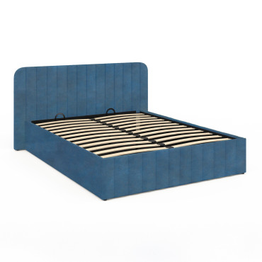 Lit coffre Valentina en velours bleu avec sommier et tête de lit 140x190cm
