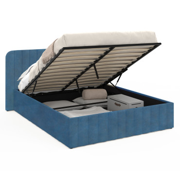 Lit coffre Valentina en velours bleu avec sommier et tête de lit 140x190cm