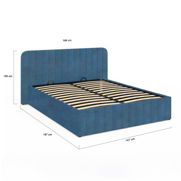 Lit coffre Valentina en velours bleu avec sommier et tête de lit 140x190cm