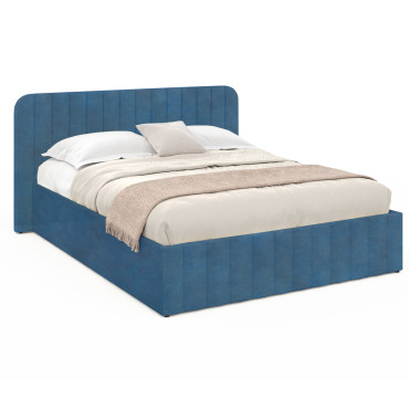 Lit coffre Valentina en velours bleu avec sommier et tête de lit 140x190cm