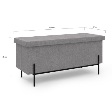 Banc coffre avec pieds noirs Loan en tissu gris 100cm
