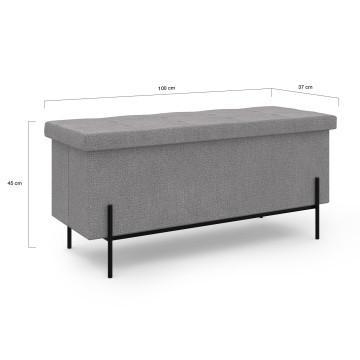 Banc coffre avec pieds noirs Loan en tissu gris 100cm