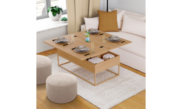 Table basse Memphis avec plateau relevable dépliant et pieds imitation bois