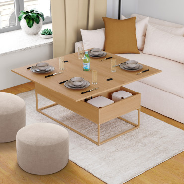 Table basse Memphis avec plateau relevable dépliant et pieds imitation bois