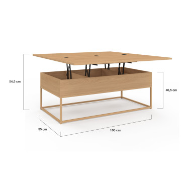 Table basse Memphis avec plateau relevable dépliant et pieds imitation bois