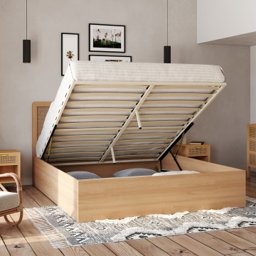 Lit coffre Eve avec sommier et tête de lit en cannage 160x200cm