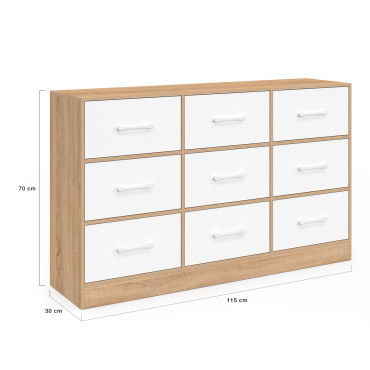 Commode Uma 9 tiroirs bois et blanc