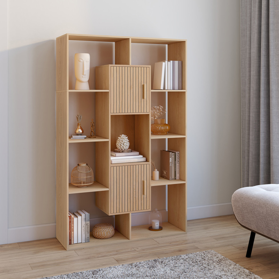 Etagère bibliothèque Faustine effet lattes 11 compartiments 143cm Etagère bibliothèque Faustine effet lattes 11 compartiments 143cm
