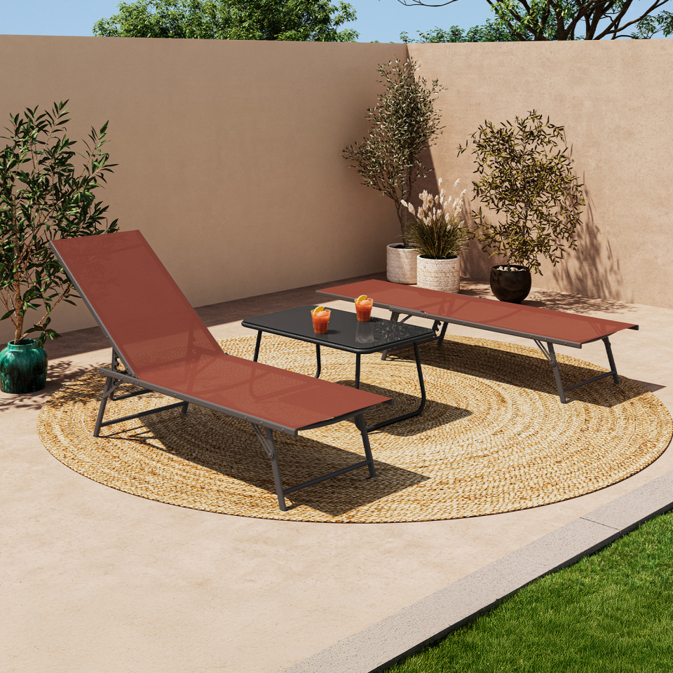 Transats inclinables Malaga 4 positions en textilène terracotta - lot de 2 Transats inclinables Malaga 4 positions en textilène terracotta - lot de 2