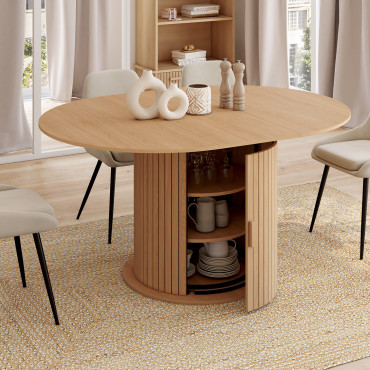 Table à manger ronde extensible Albane bois et pied lattes avec rangements Ø110-150cm