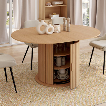 Table à manger ronde extensible Albane bois et pied lattes avec rangements Ø110-150cm