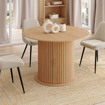 Table à manger ronde extensible Albane bois et pied lattes avec rangements Ø110-150cm