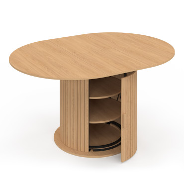 Table à manger ronde extensible Albane bois et pied lattes avec rangements Ø110-150cm