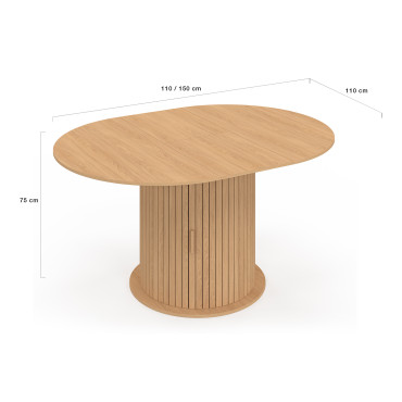 Table à manger ronde extensible Albane bois et pied lattes avec rangements Ø110-150cm
