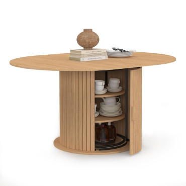Table à manger ronde extensible Albane bois et pied lattes avec rangements Ø110-150cm