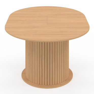 Table à manger ronde extensible Albane bois et pied lattes avec rangements Ø110-150cm