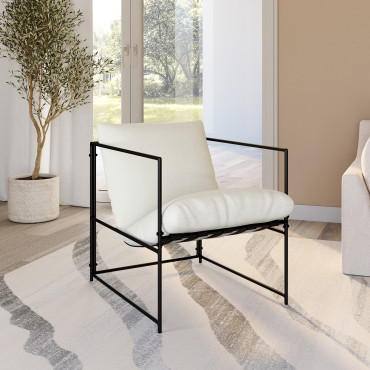 Fauteuil Penelope en tissu blanc et pieds métal noirs