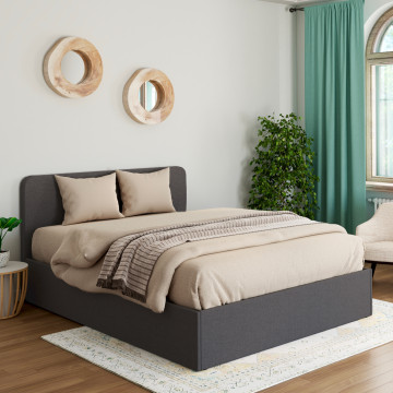 Lit coffre Louise en tissu gris avec sommier et tête de lit arrondie 140x190cm